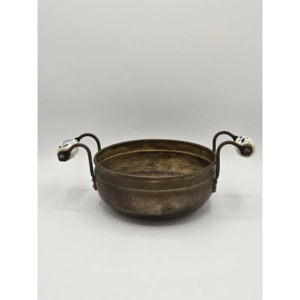 Holland Copper Bowl Pan Ceramic Handles Rustic Farmhouse‎ Serving Dish 10.5